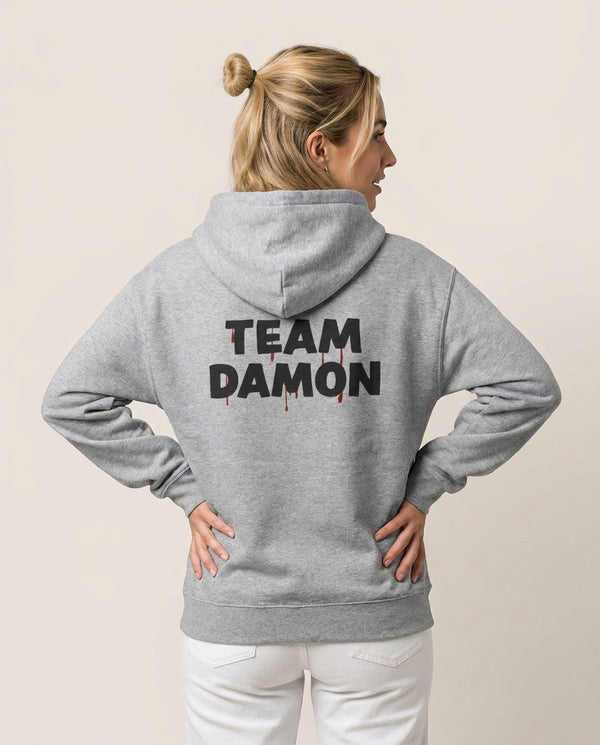 Team Damon - VD Hoodie — Grey Back, worn