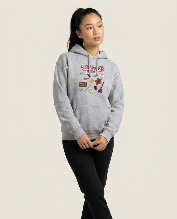 Stranger Things Cartoon Icons Hoodie — Grey Front, worn