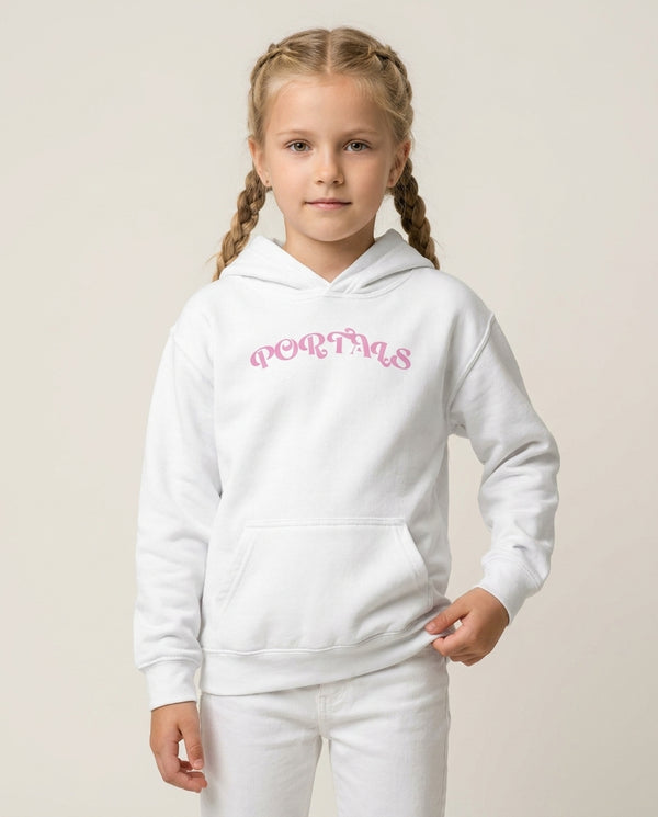 Portals Kids Hoodie — White Front, worn