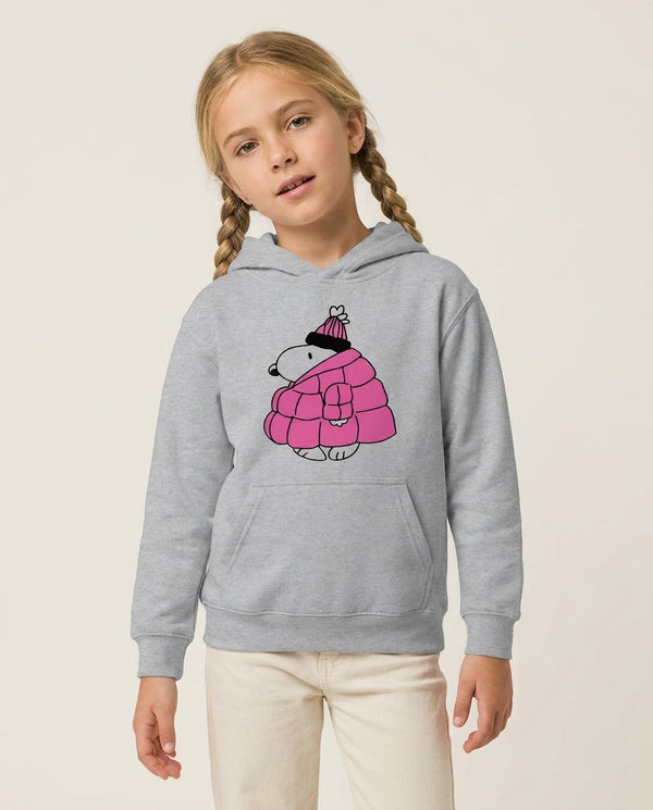 Cartoon Beagle Puffer Jacket Pink Kids Hoodie — Grey Front, worn