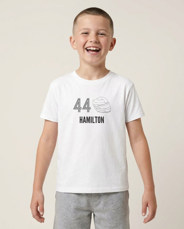 Hamilton Helmet 2026 Kids T-Shirt — White Front, worn