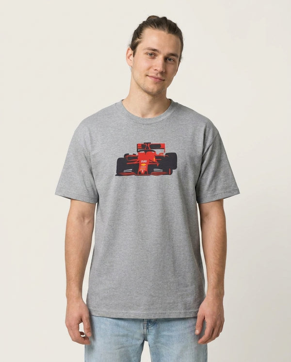 F1 Car  T-Shirt — Grey Front, worn