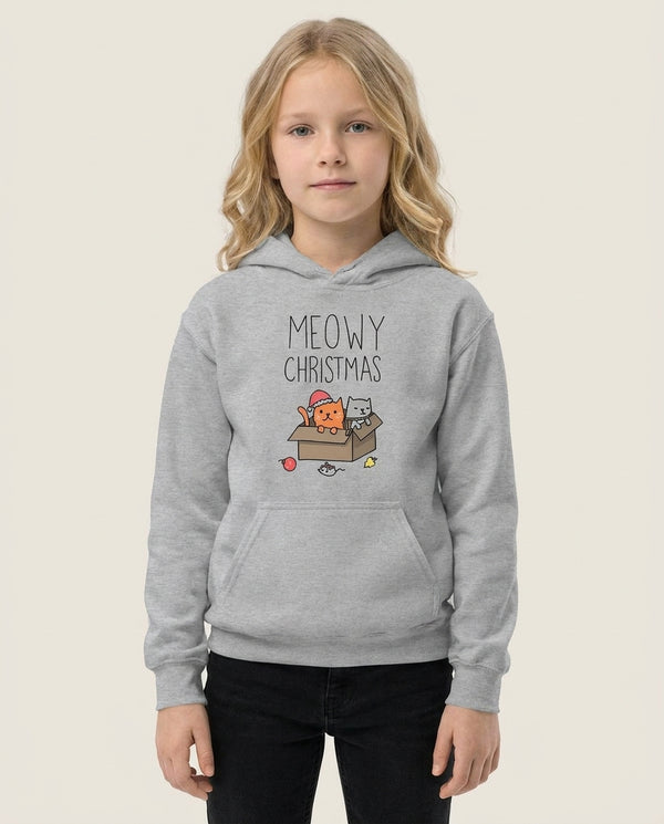 Meowy Christmas Kids Hoodie — Grey Front, worn