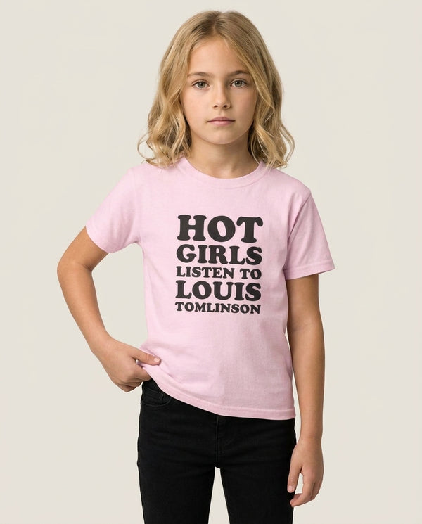 Hot Girls Listen To Louis Kids T-Shirt — Pink Front, worn