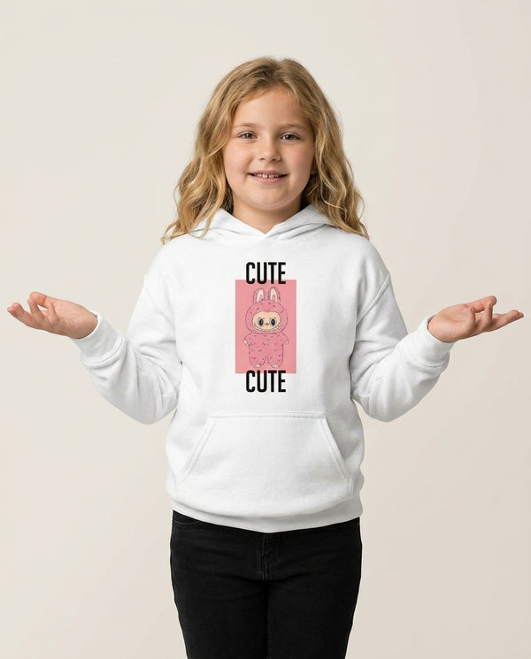 Cute Pink Monster Kids Hoodie — White Front, worn