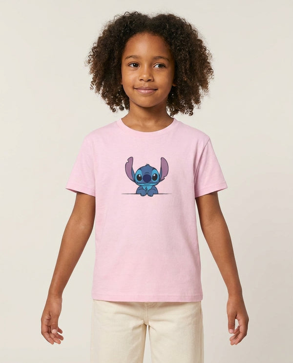 Alien Blue Leaning Kids T-Shirt — Pink Front, worn