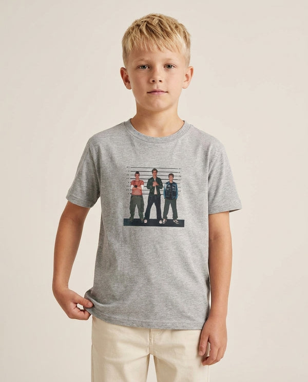 Height Chart - Bust Band Kids T-Shirt — Grey Front, worn