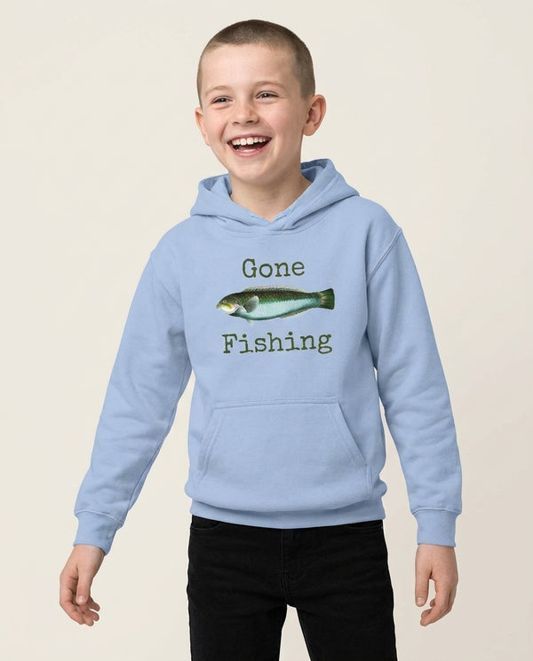 Gone Fishing  Kids Hoodie — Blue Front, worn