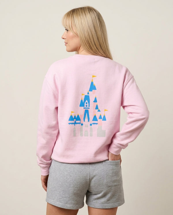 Fairytale Castle Sweatshirt — Pink Back, worn