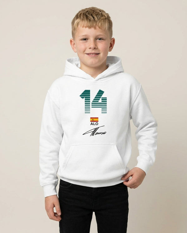 Alonso - F1 Kids Hoodie — White Front, worn