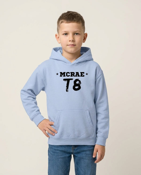 Pink T8 Sports Kids Hoodie — Blue Front, worn