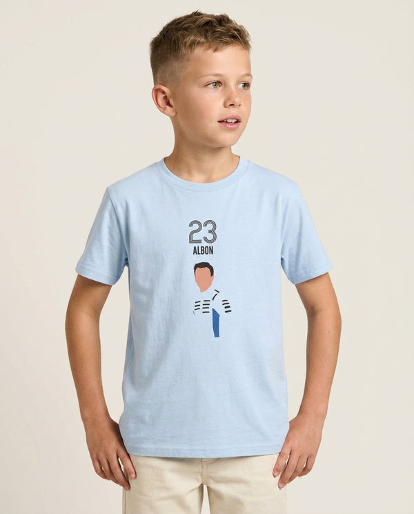 Albon 2026 Kids T-Shirt — Blue Front, worn