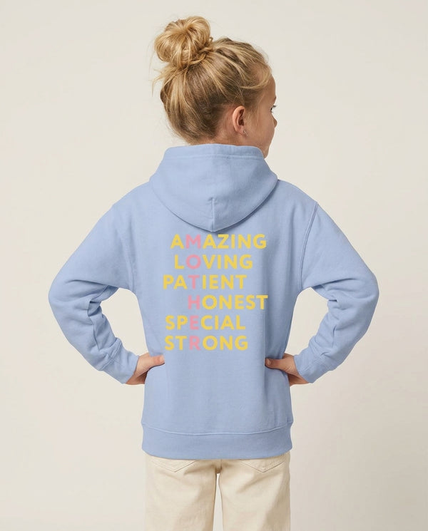 Mother Anagram Kids Hoodie — Blue Back, worn