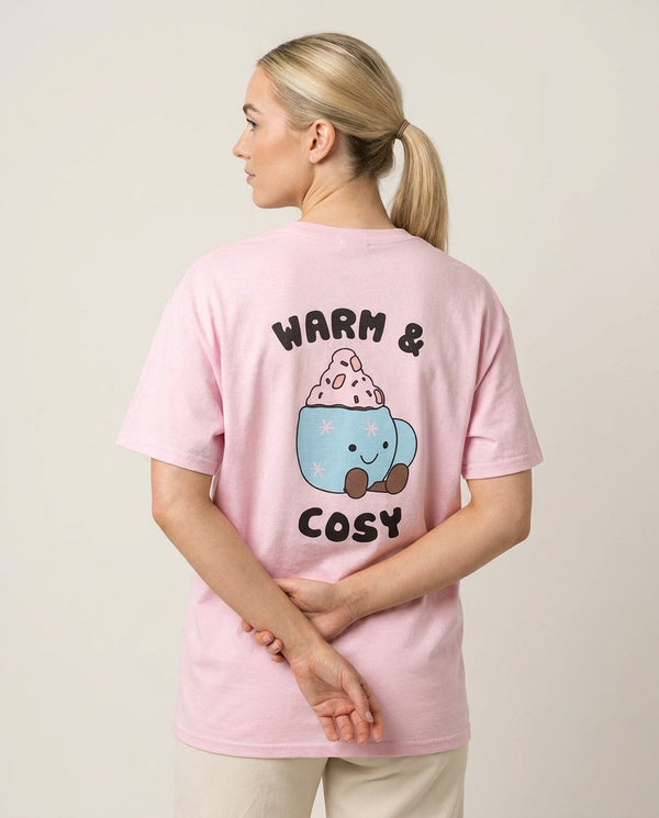 Hot Cocoa Plush Quote T-Shirt — Pink Back, worn