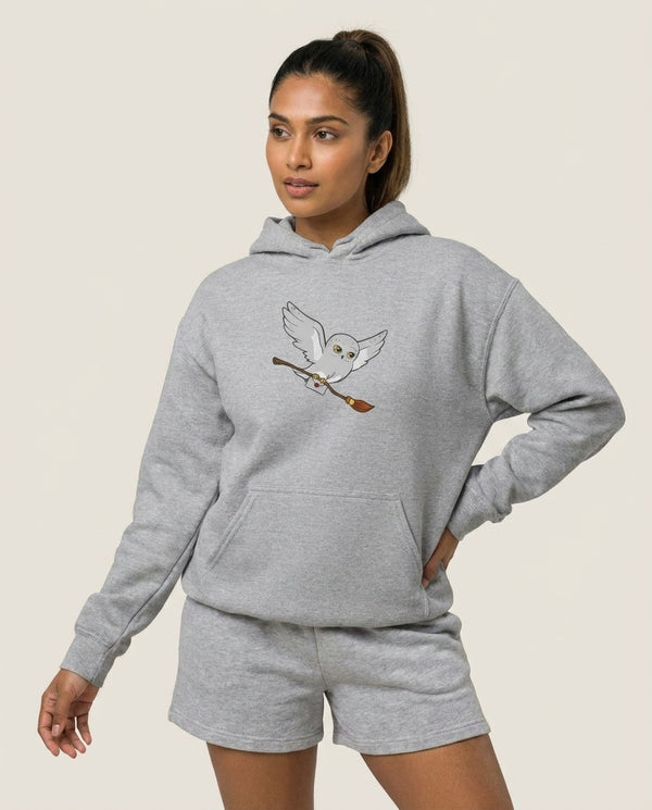 Messenger Owl Hedwig Hoodie — Grey Front, worn