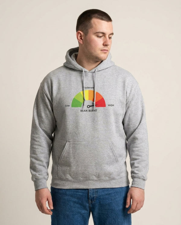 Burnt Bean Guage Hoodie — Grey Front, worn