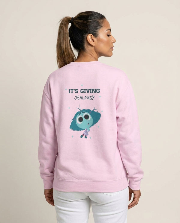 It's Giving Jelousy - Inside Out Sweatshirt — Pink Back, worn