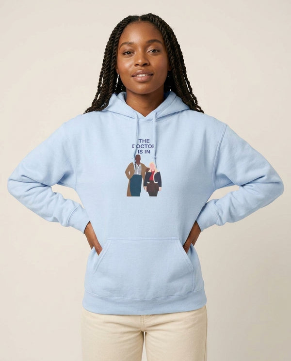 The Doctor Is In - Doctor Who Hoodie — Blue Front, worn