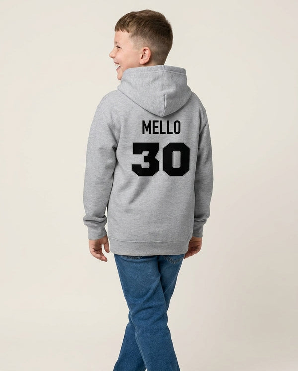 Mello 30  Kids Hoodie — Grey Back, worn