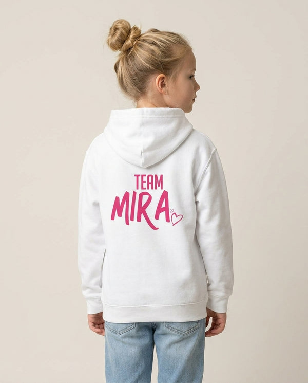 Team Mira Kids Hoodie — White Back, worn