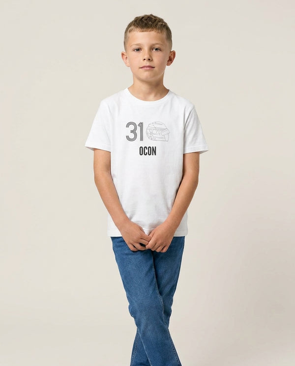 Ocon Helmet 2026 Kids T-Shirt — White Front, worn