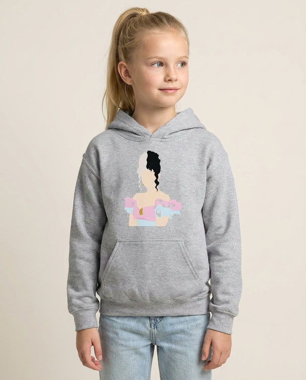 Blue And Pink Dress Kids Hoodie — Grey Front, worn