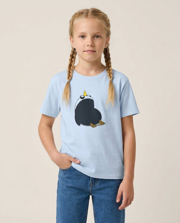 Penguins Kids T-Shirt — Blue Front, worn