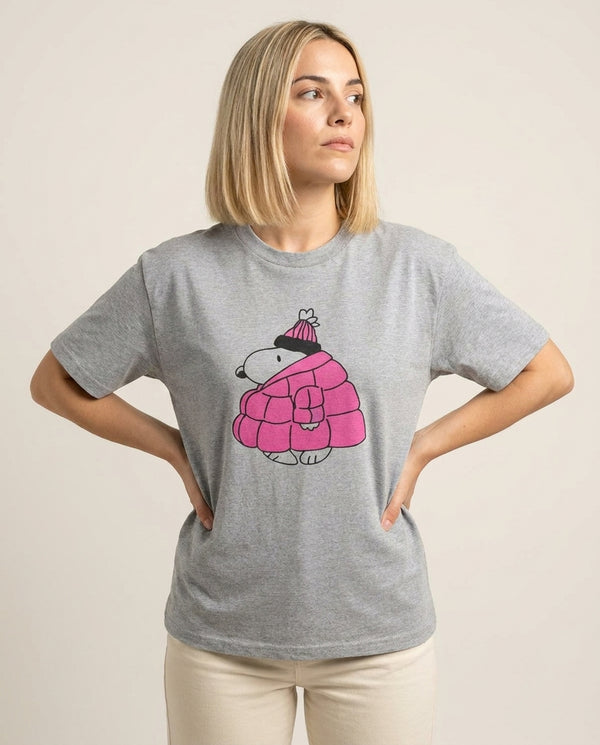Cartoon Beagle Puffer Jacket Pink T-Shirt — Grey Front, worn