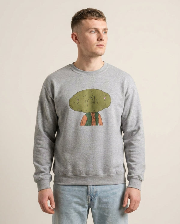 Nugget Man Sweatshirt — Grey Front, worn