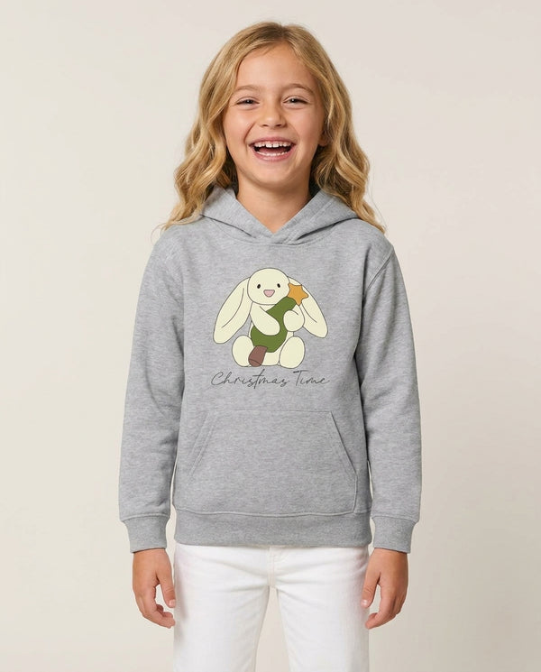 Christmas Bunny Stars Plush Kids Hoodie — Grey Front, worn