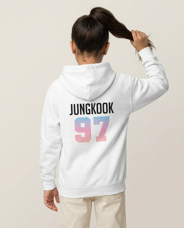 Jungkook 97 Kids Hoodie — White Back, worn