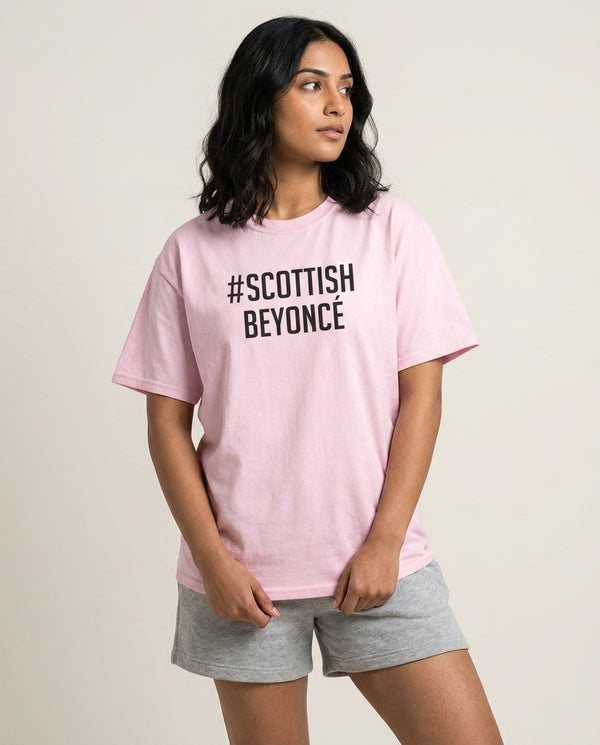 Scottish Beyonce T-Shirt — Pink Front, worn