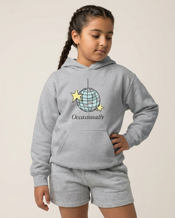 Ocasionally Discoball Kids Hoodie — Grey Front, worn