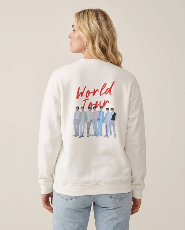 K-Pop Band Pastel Tour Sweatshirt — White Back, worn