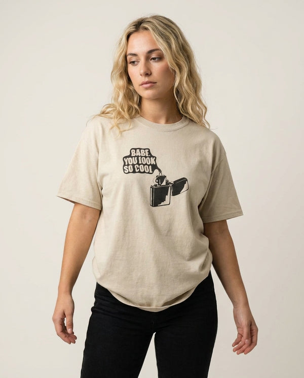 Babe, You Look So Cool - 1975 T-Shirt — Sand Front, worn