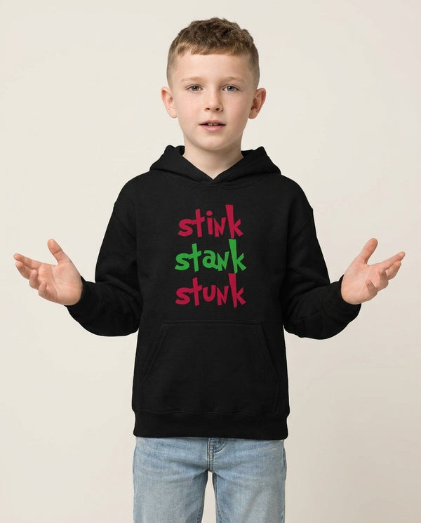 Stink Stank Stunk Kids Hoodie Black Front, worn