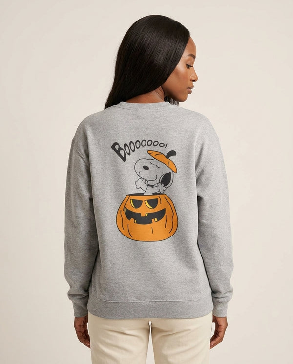 Cartoon Beagle Pumpkin Sweatshirt — Grey Back, worn