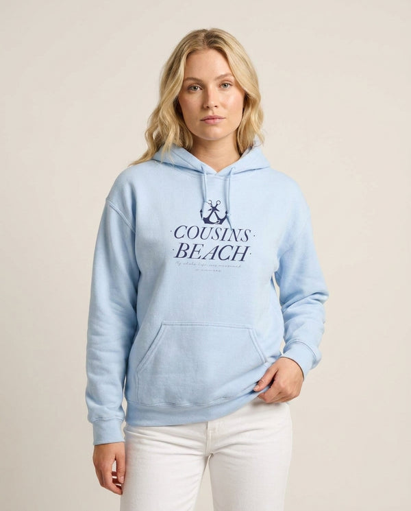 Stripes Cousin Beach Hoodie — Blue Front, worn