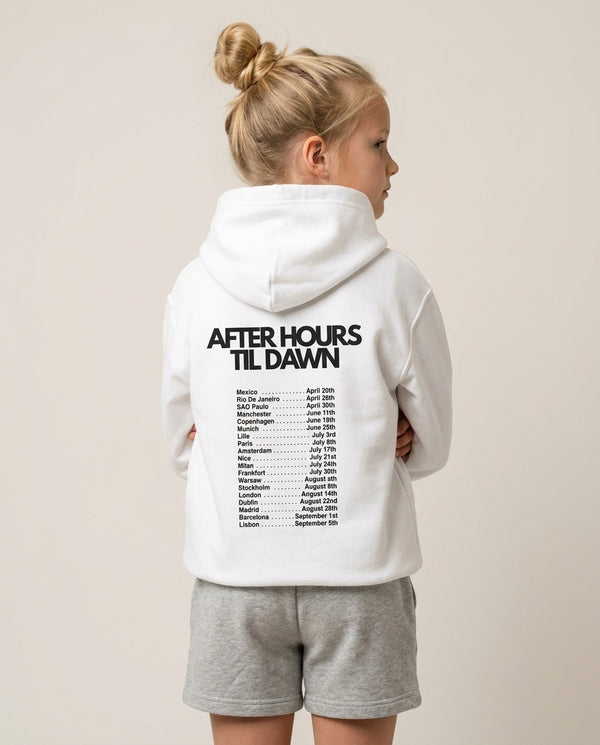 2026 Tour AHTD Kids Hoodie — White Back, worn