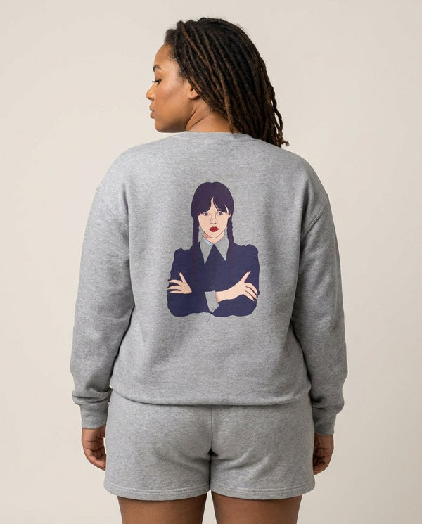 Wednesday Addams Wednesday Sweatshirt — Grey Back, worn