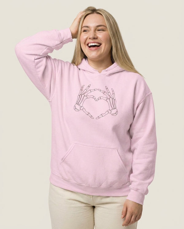Skeleton Heart Hoodie — Pink Front, worn