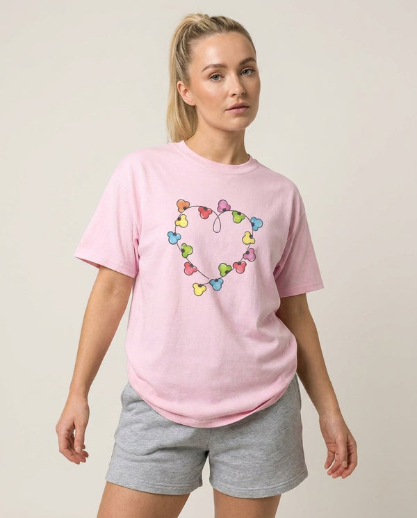 Cartoon Mouse Christmas Fairylights Heart T-Shirt — Pink Front, worn