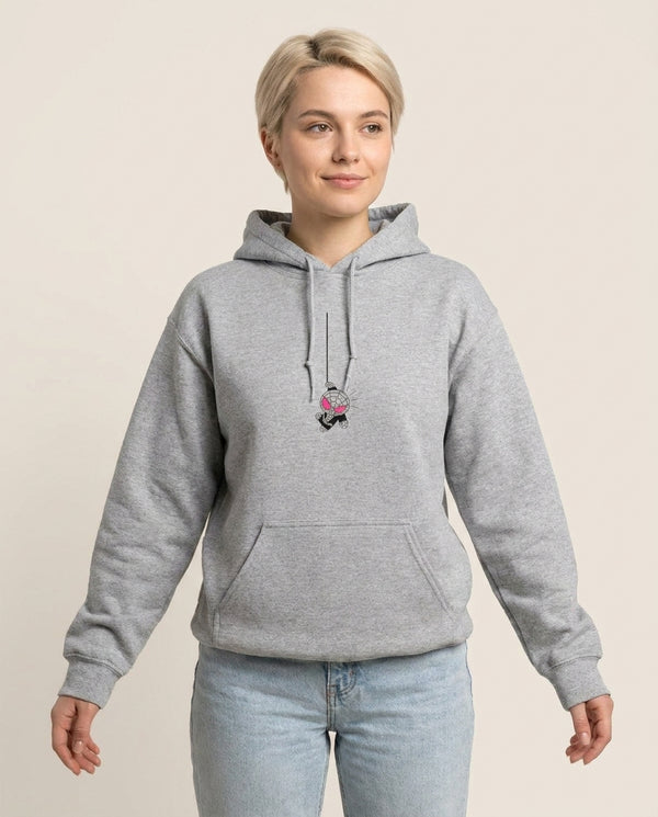 Pink Hanging Spider Hero  Hoodie — Grey Front, worn
