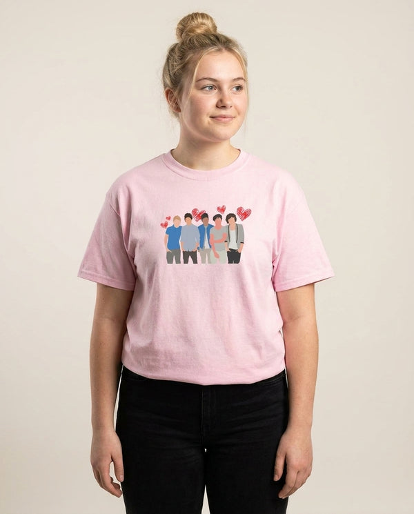 Love Band T-Shirt — Pink Front, worn