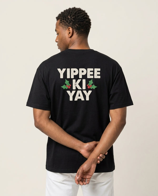 Yippee Ki Yay T-Shirt Black Back, worn