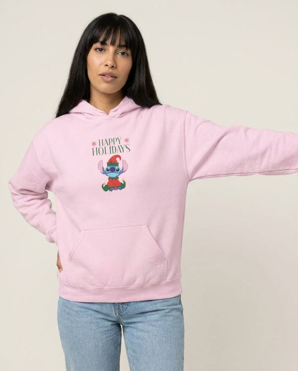 Cute Blue Alien Elf Hoodie — Pink Front, worn