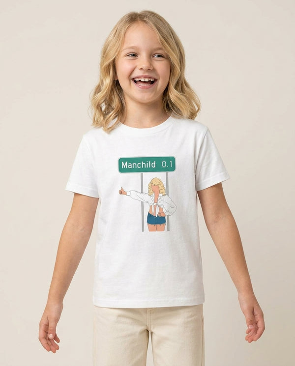 Man Child Miles Kids T-Shirt — White Front, worn