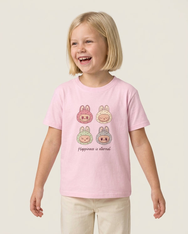 Happiness Is Eternal Monsters Kids T-Shirt — Pink Front, worn