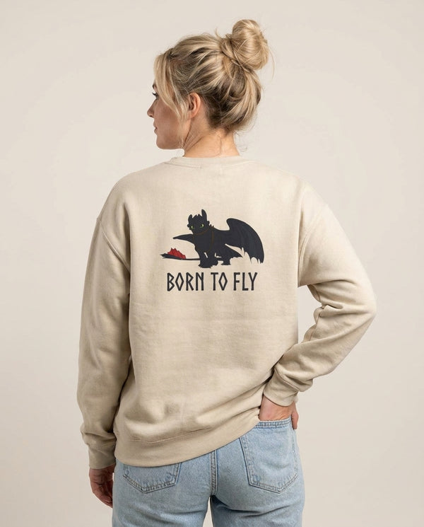 Dragon Born To Fly Sweatshirt — Sand Back, worn