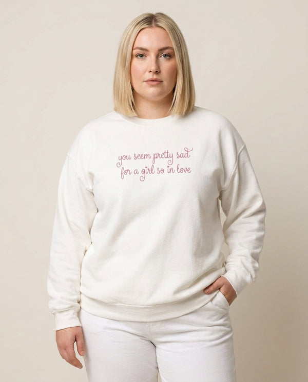 Pretty Sad Sweatshirt White Front, worn